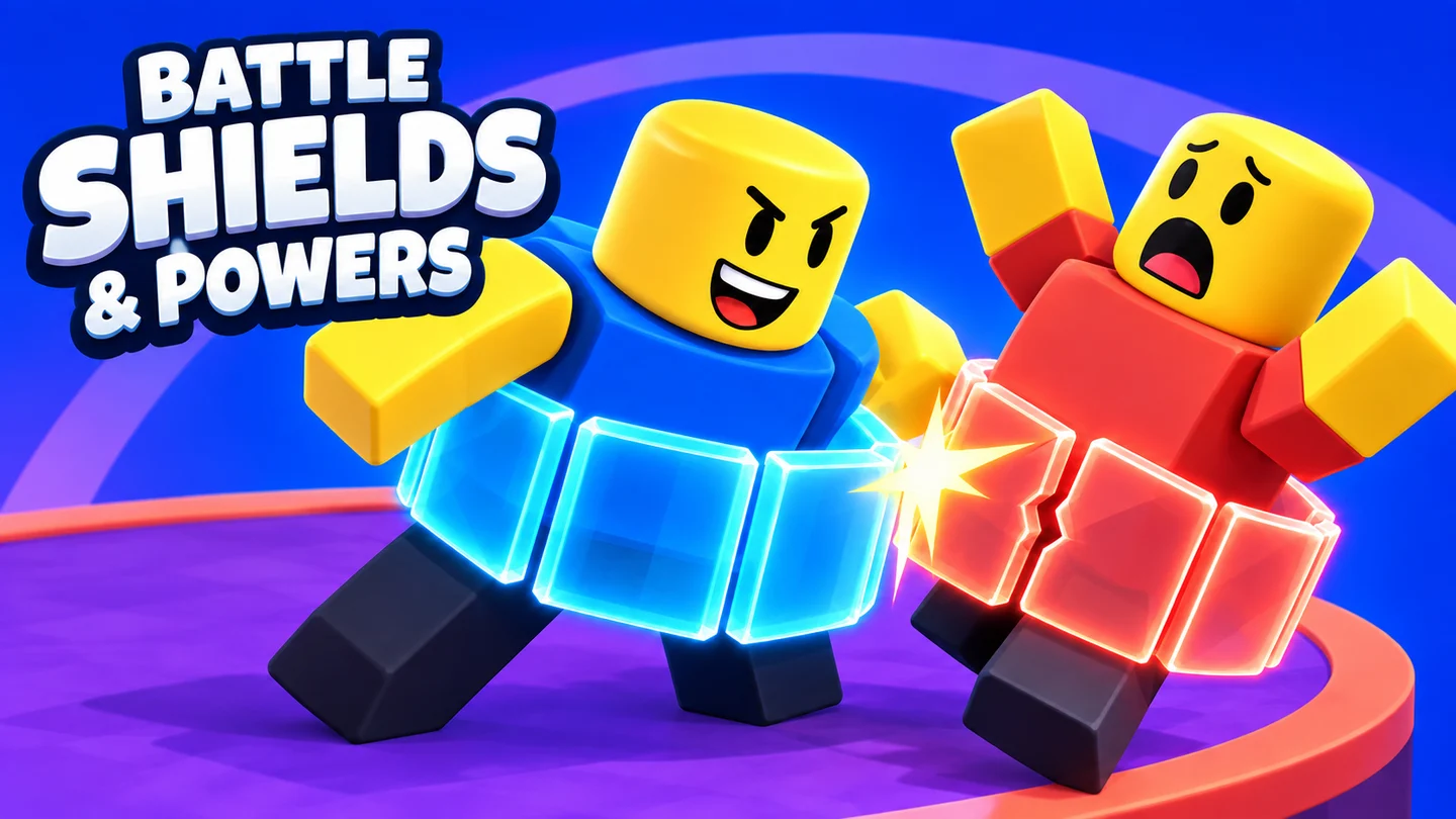 Two Roblox characters clash with glowing blue and red segmented shields in Battle Shields And Powers.